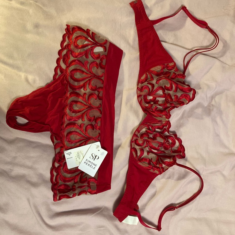 Simone Perele Red Lace Balconette Bra & Thong Set